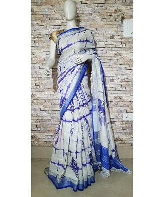 White Floral Print Linen Saree 1
