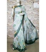 White Floral Print Linen Saree