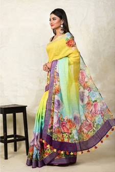 Yellow Floral Print Linen Saree