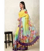 Yellow Floral Print Linen Saree