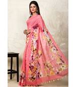 Pink Floral Print Linen Saree