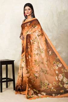 Orange Floral Print Linen Saree