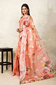 Orange Floral Print Linen Saree
