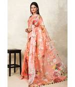 Orange Floral Print Linen Saree