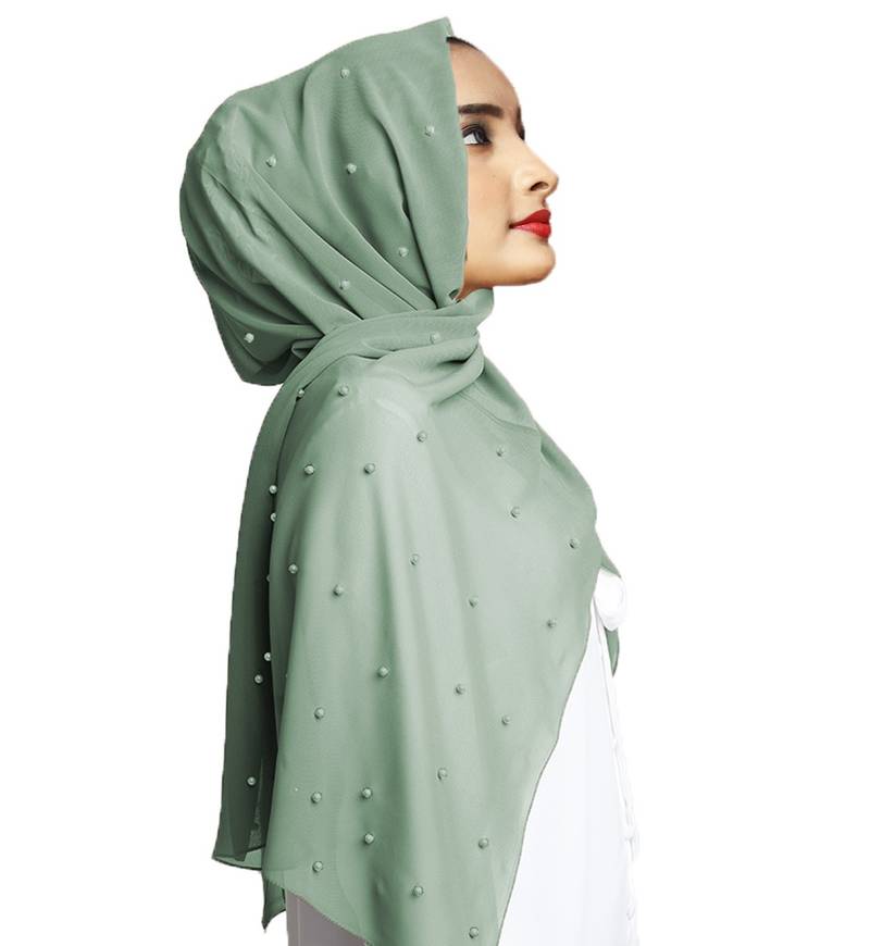 Justkartit Pista Color Pearl Work Georgette Hijab Scarf Dupatta For Women