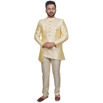 Yellow plain raw silk sherwani 2