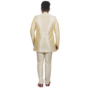 Yellow plain raw silk sherwani 3