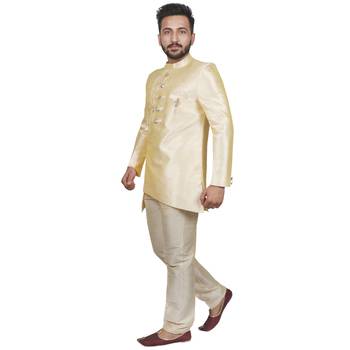 Yellow plain raw silk sherwani 4