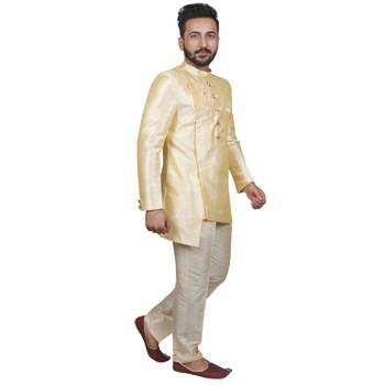 Yellow plain raw silk sherwani 5