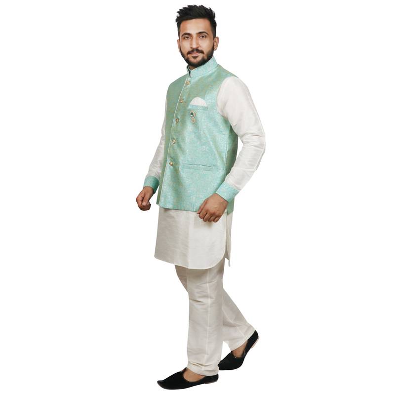 Brocade Silk Kurta Pajama in sea green main image 0