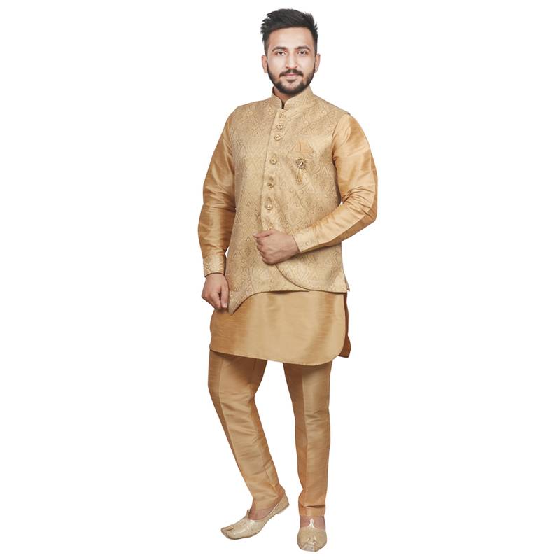 Gold plain brocade silk kurta-pajama