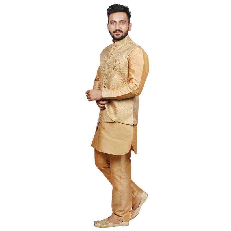 Gold plain brocade silk kurta-pajama