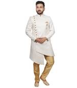 White plain brocade sherwani