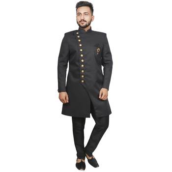 Black plain polyester sherwani 2