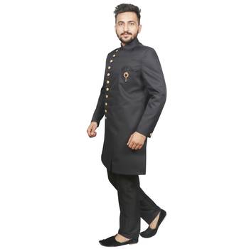 Black plain polyester sherwani 4