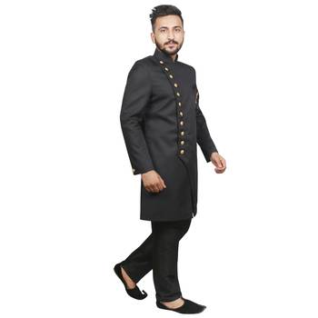 Black plain polyester sherwani 5