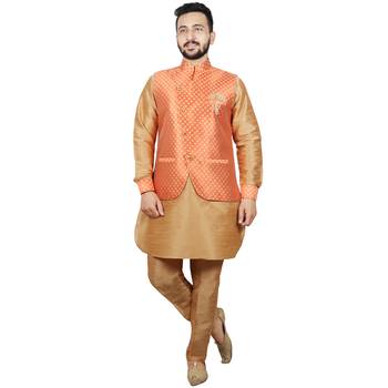 Orange plain brocade kurta-pajama 1