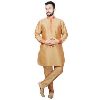 Orange plain brocade kurta-pajama 4