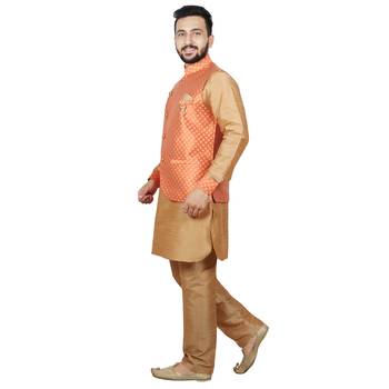 Orange plain brocade kurta-pajama 5