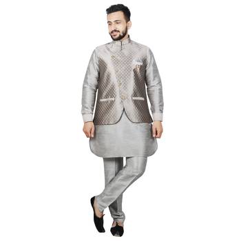 Silver plain brocade kurta-pajama 2