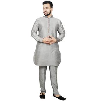 Silver plain brocade kurta-pajama 4