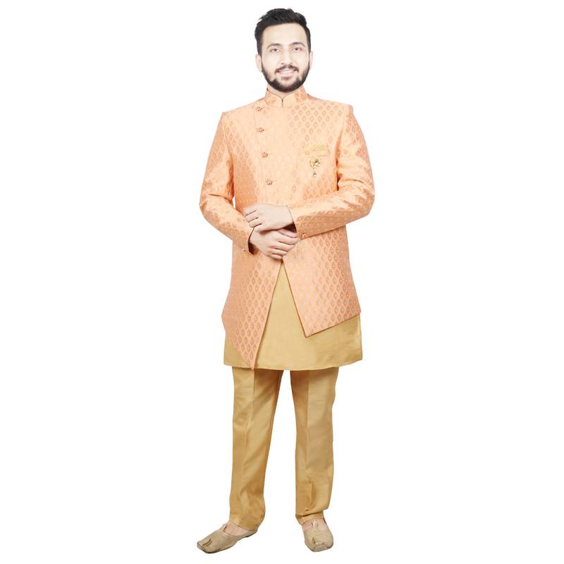 Orange plain brocade kurta-pajama