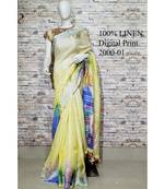 Yellow Floral Print Linen Saree