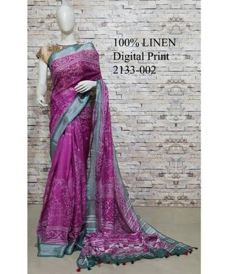 Purple Floral Print Linen Saree 1
