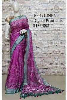 Purple Floral Print Linen Saree