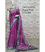 Purple Floral Print Linen Saree