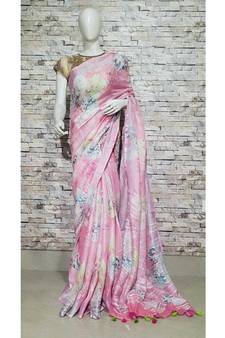 Pink Floral Print Linen Saree