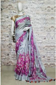 Grey Floral Print Linen Saree