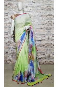 Yellow Floral Print Linen Saree