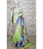 Yellow Floral Print Linen Saree