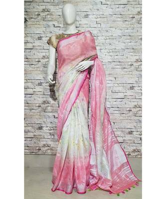 Pink Floral Print Linen Saree 1