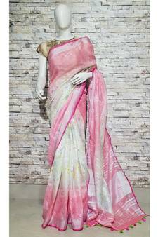 Pink Floral Print Linen Saree