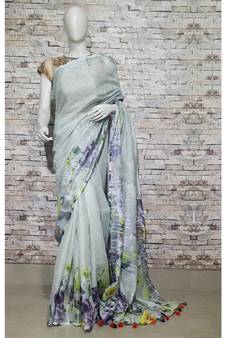 Grey Floral Print Linen Saree