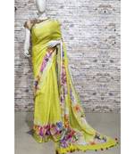 Yellow Floral Print Linen Saree