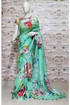 Green Floral Print Linen Saree