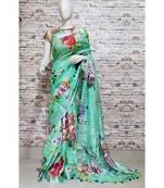 Green Floral Print Linen Saree