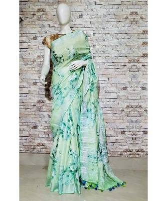 Green Floral Print Linen Saree 1