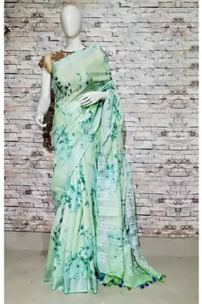 Green Floral Print Linen Saree