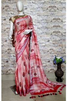 Red Floral Print Linen Saree