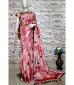 Red Floral Print Linen Saree