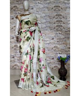 Multicolor Floral Print Linen Saree 1