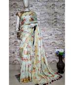 Grey Floral Print Linen Saree