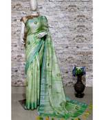 Green Floral Print Linen Saree