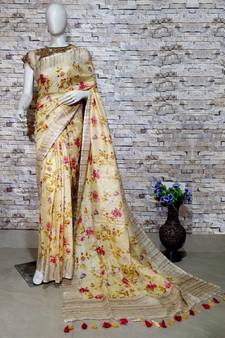 Yellow Floral Print Linen Saree