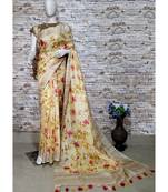 Yellow Floral Print Linen Saree