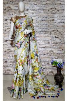 Multicolor Floral Print Linen Saree